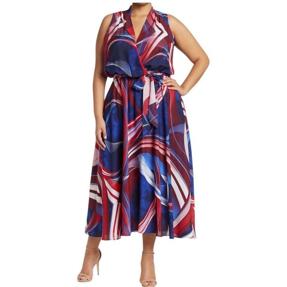 Love X Design Blue Red Printed Sleeveless Maxi Dress Size 2X - Picture 1 of 14